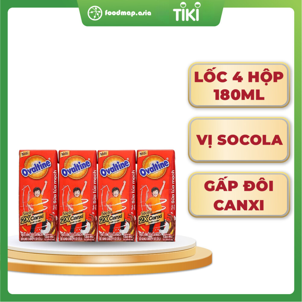 Sữa Ovaltine Canxi Socola - Hộp 180ml- Lốc 4 hộp