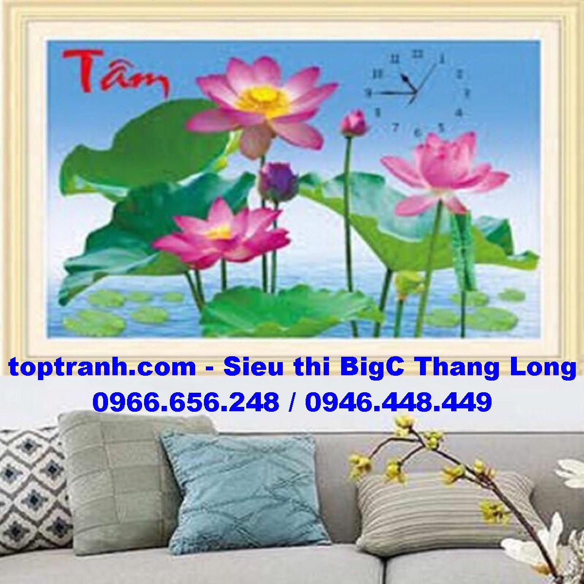 Tranh thêu chữ thập đồng hồ chữ tâm và hoa sen LV3374 chưa thêu