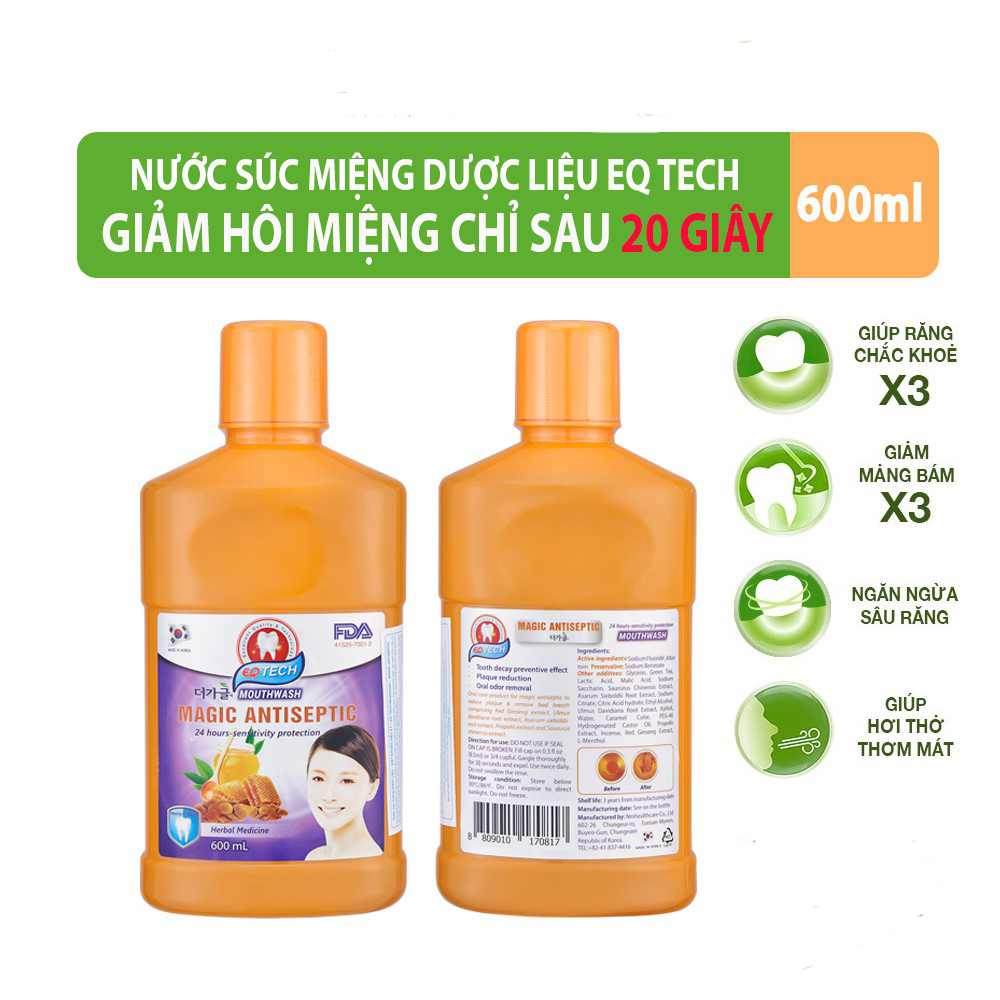 Nước súc miệng 12 dược liệu Hàn Quốc EQ TECH 600ml - Ngăn ngừa hôi miệng, nuôi dưỡng răng chắc khỏe.