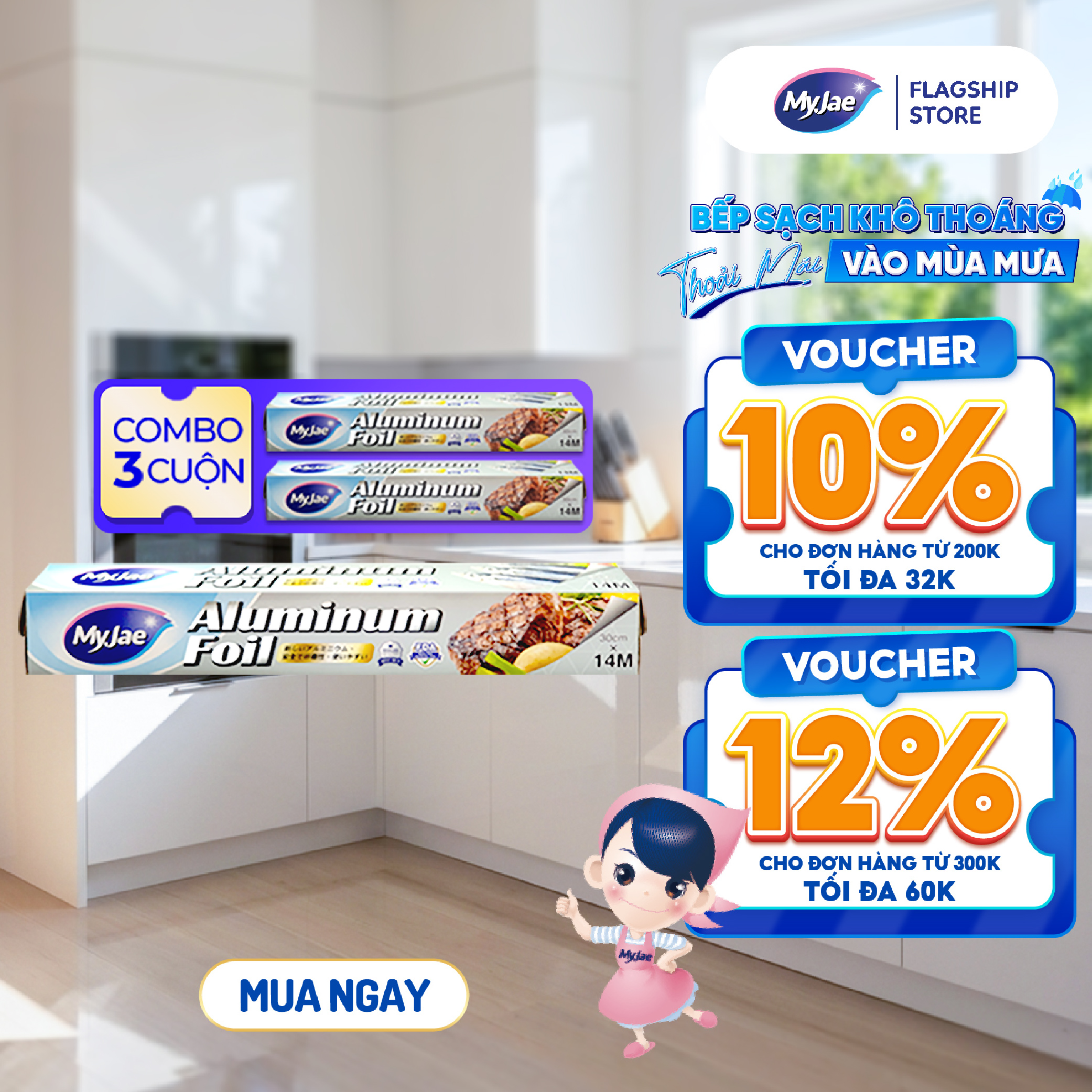 Combo 3 Hộp Giấy Bạc Màng Nhôm MyJae Đài Loan Để Bảo Quản, Nướng Thức Ăn, Bọc Thực Phẩm 30cm x 14m