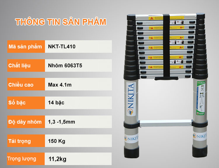 Thang Nhôm Rút Đơn Nikita NKT-R41 - Công Nghệ Nhật Bản - Tiêu Chuẩn Châu Âu - Hàng Chính Hãng