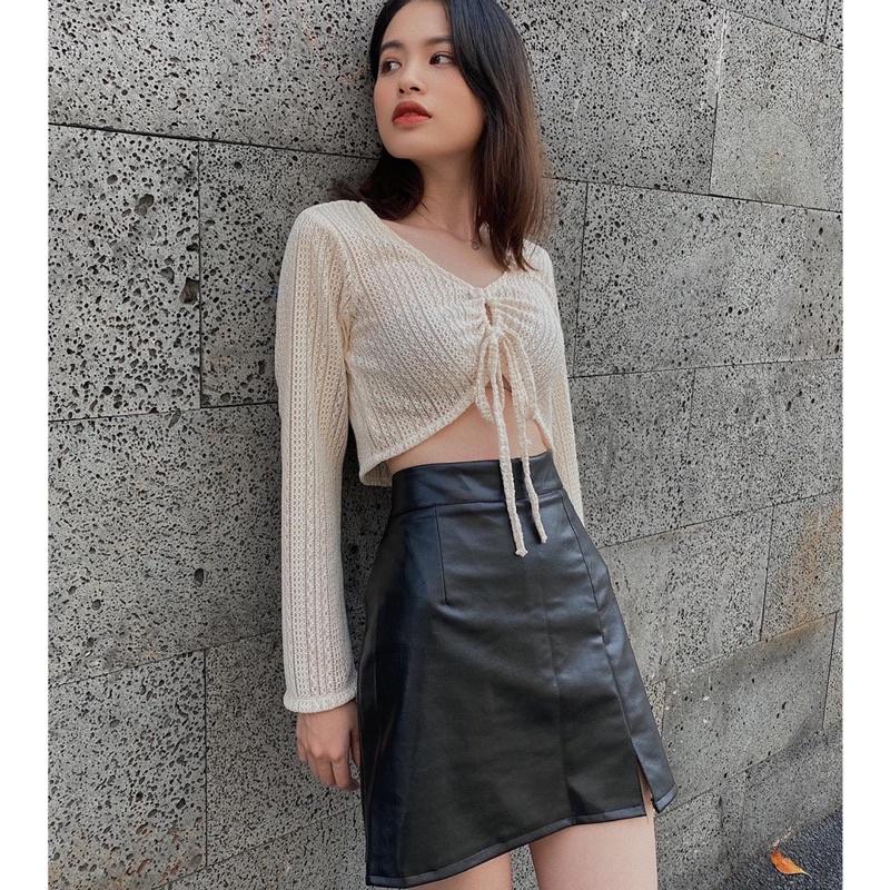 Áo len croptop nữ kiểu dài tay rút dây REVERCLOTHINGS thời trang Crochet Top