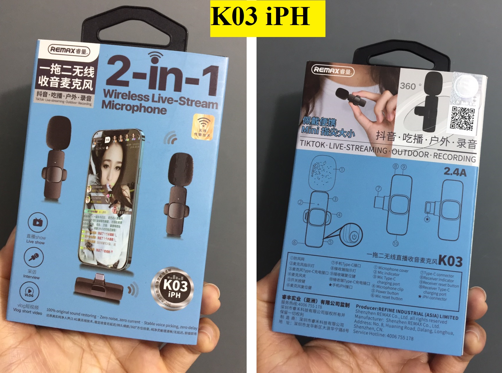 Micro thu âm không dây có kẹp cài áo kết nối type-C / iP Remax K03 / K02 -  Hàng chính hãng