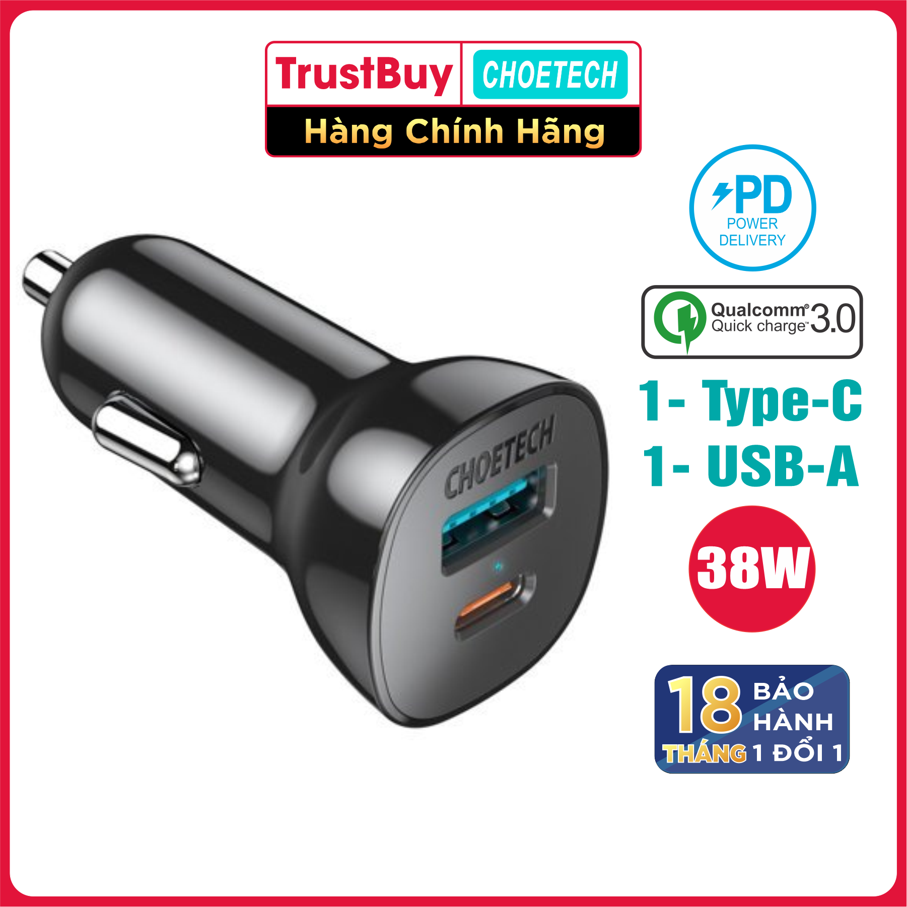 Củ Sạc Điện Thoại Ô Tô 38W CHOETECH TC0005 V2 USB Quick Charge 3.0 18W, Type-C PD 20W - Hàng Chính Hãng