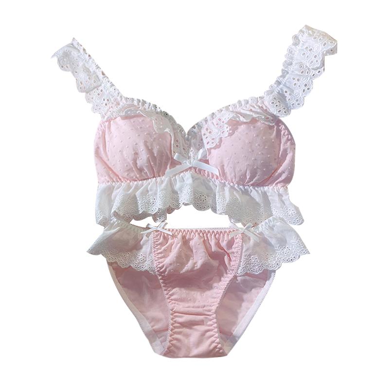 Lolita Kawaii Dễ Thương Ren Hoa Dây Hồng Áo Ngực Và Quần Bộ Quần Lót Nữ Pháp Retro Bông Thân Mật Cực Áo Ngực Mỏng quần Lót