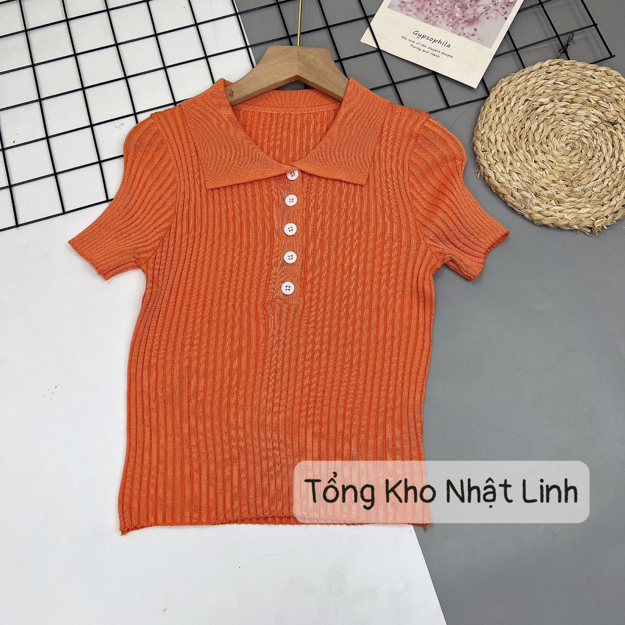 Áo croptop dệt kim tay ngắn cổ polo thời trang