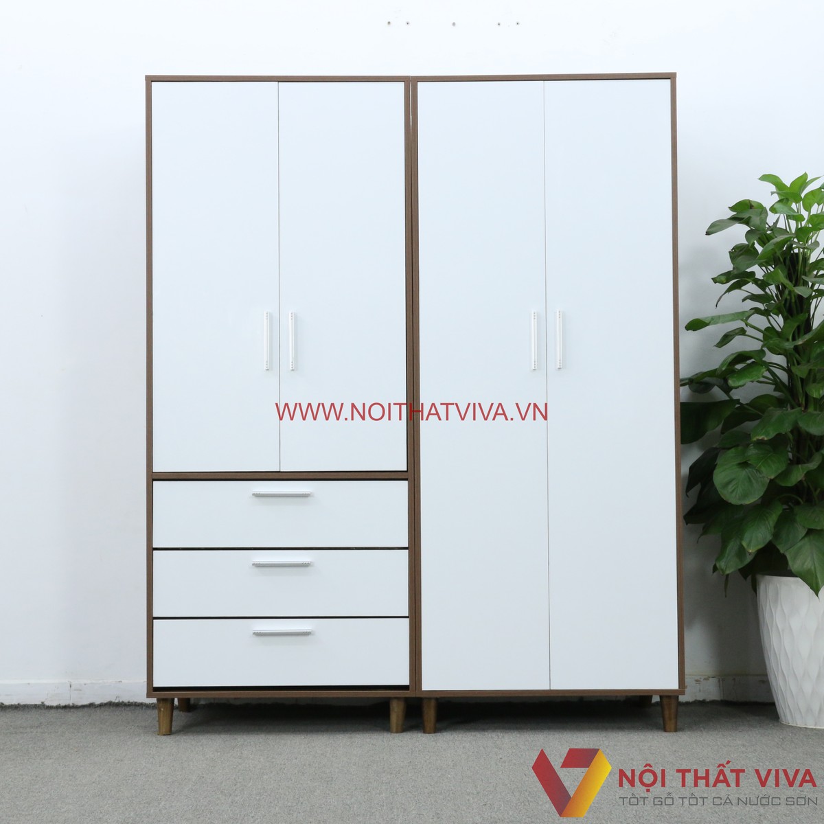 Tủ Quần Áo Lắp Ráp 4 Cánh Gỗ MDF Màu Óc Chó Phối Trắng Đẹp Hiện Đại