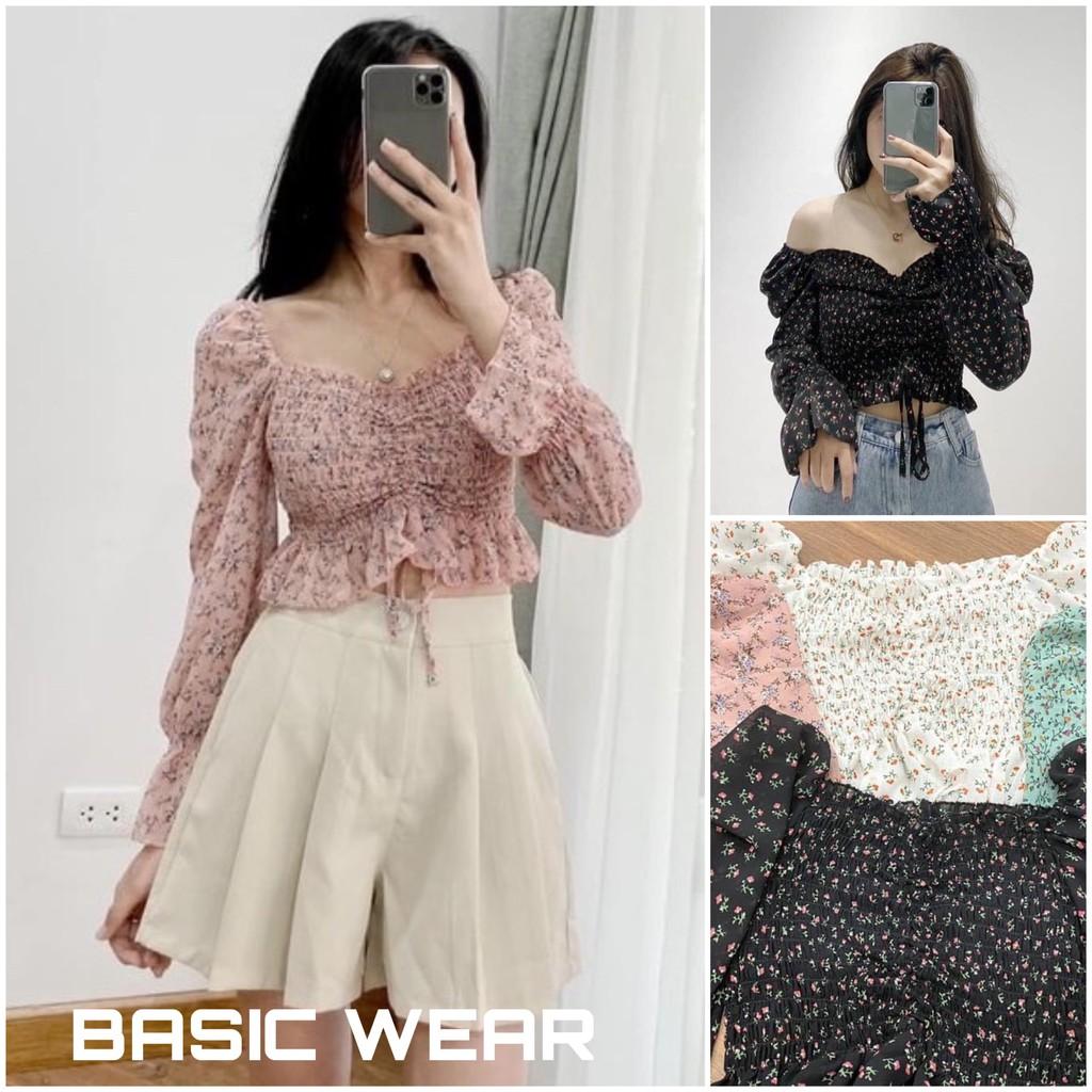 Áo croptop hoa nhí vintage chun bồng tay dài trễ Vai Thời Trang loại 1