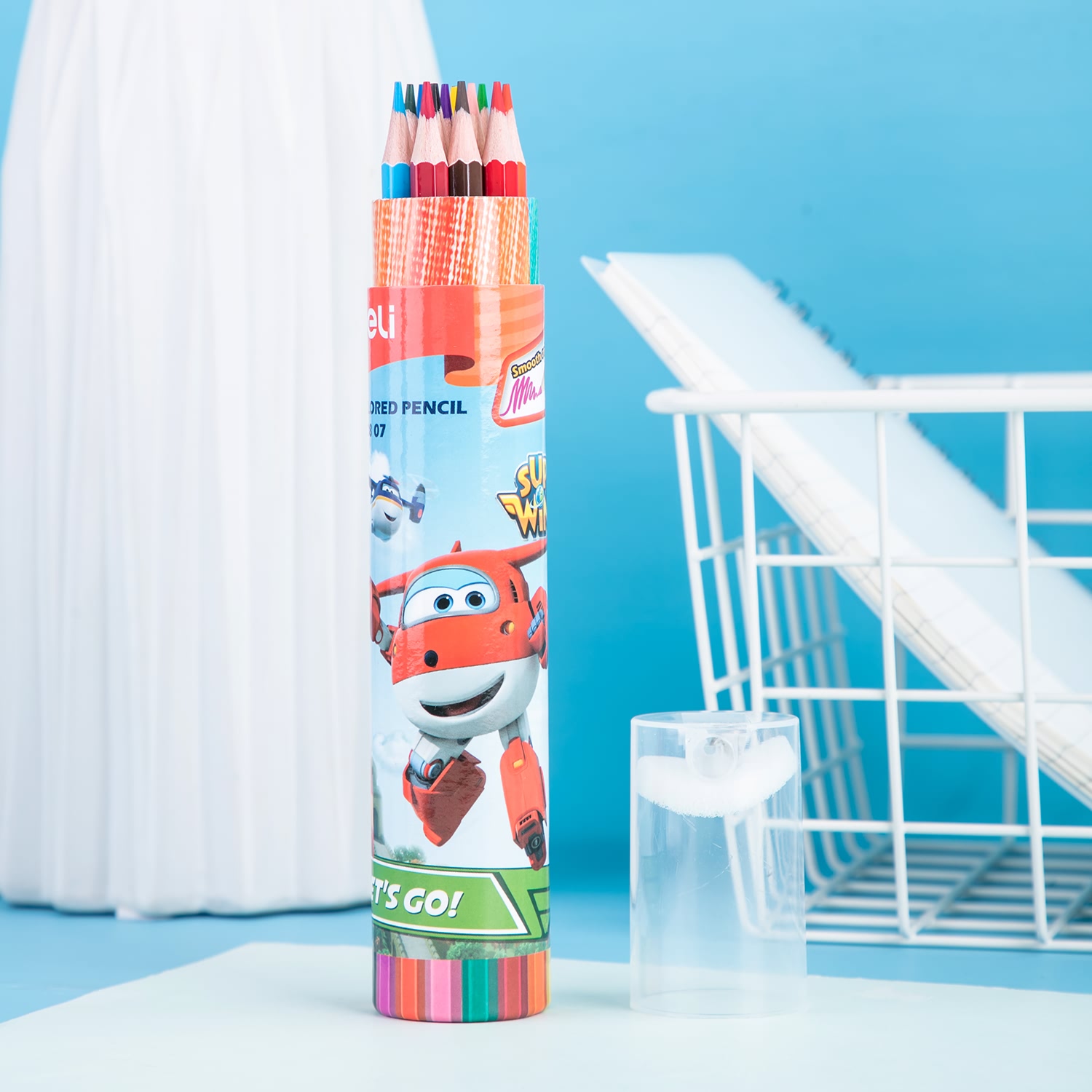 Bút chì màu học sinh Deli x Super Wings kèm gọt chì 12 màu/18 màu/24 màu/36 màu / ống | EC00807/EC00817/EC00827/EC00837