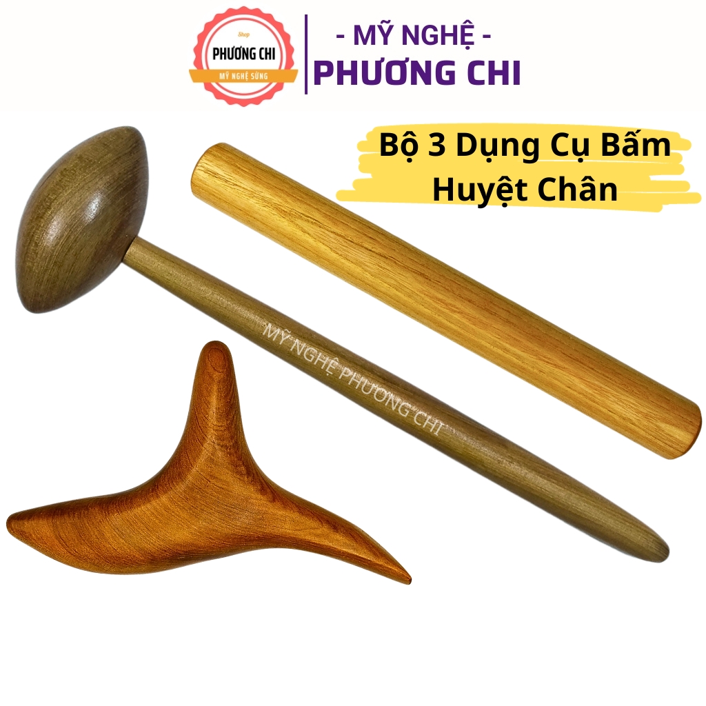 Combo Bộ 3 Dụng cụ ấn huyệt Chân, Cây bấm huyệt chân bằng gỗ, Búa gõ huyệt | Mỹ Nghệ Phương Chi