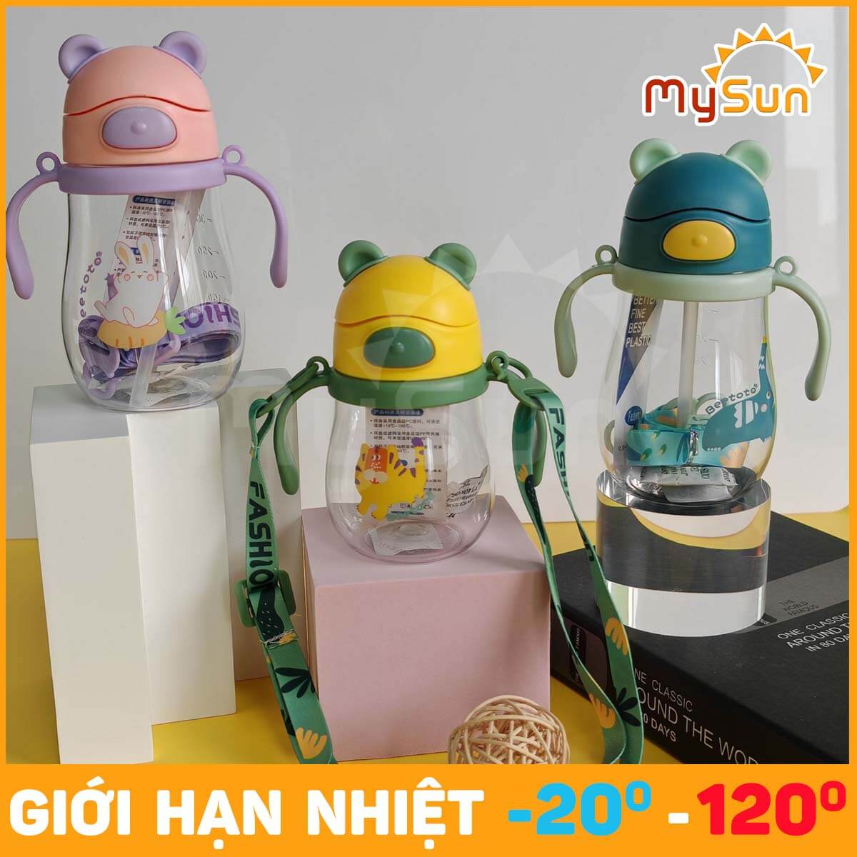 Bình nước có ống hút chóng sặc 250ml tập uống cho bé 1 2 3 tuổi đi học mẫu giáo có tay cầm dây đeo đẹp cute MySun