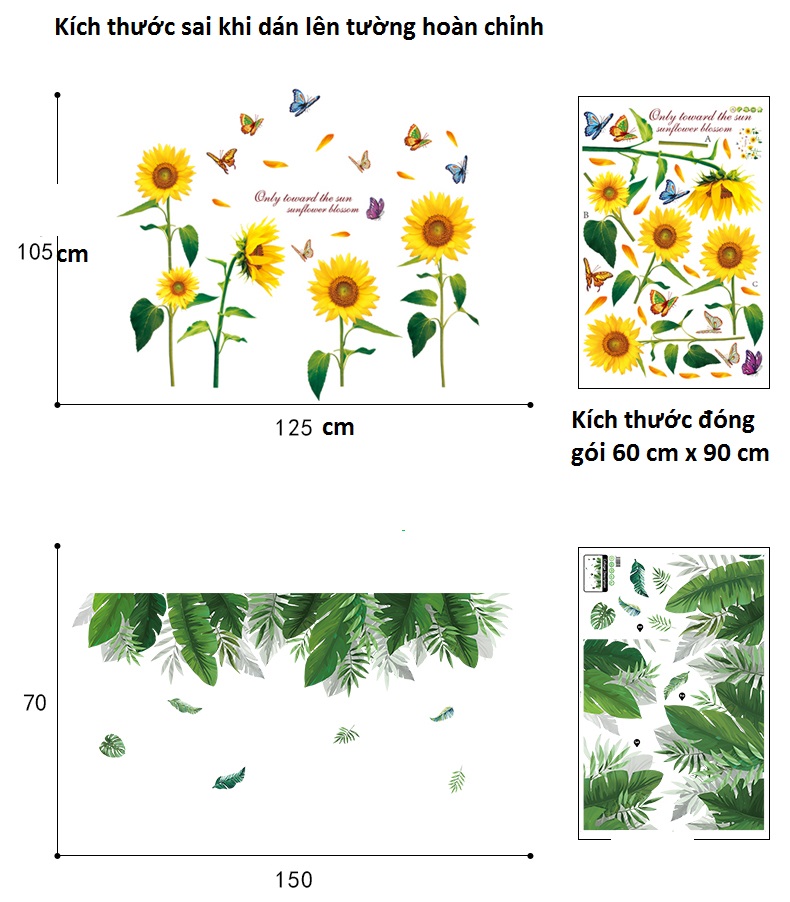 Decal dán tường hoa mặt trời combo lá xanh hoa và hàng rào sinh động dán được cửa kính, gỗ GDTCB18