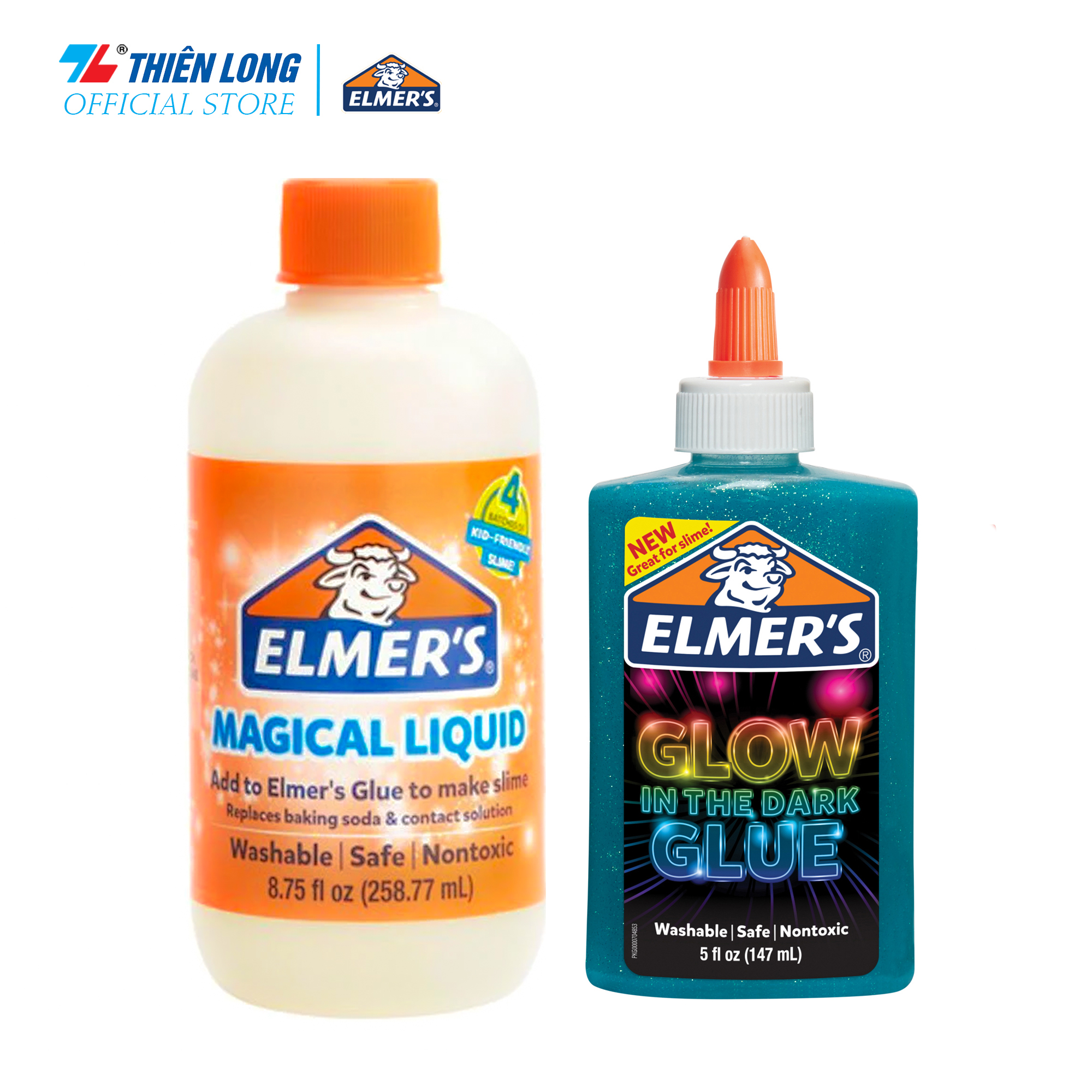 Combo Keo dán dạ quang Elmer's - Glow in the dark &amp; Dung dịch Elmer's tạo Slime 258.77ml