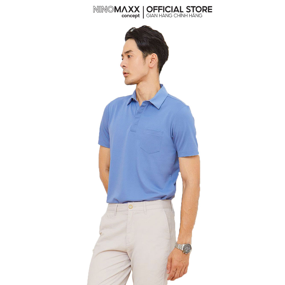 N&amp;M CLUB Áo Polo Nam Tay Ngắn Cổ Sơ Mi dấu nút chất liệu sợi Cafe xanh dương nhạt 2103054