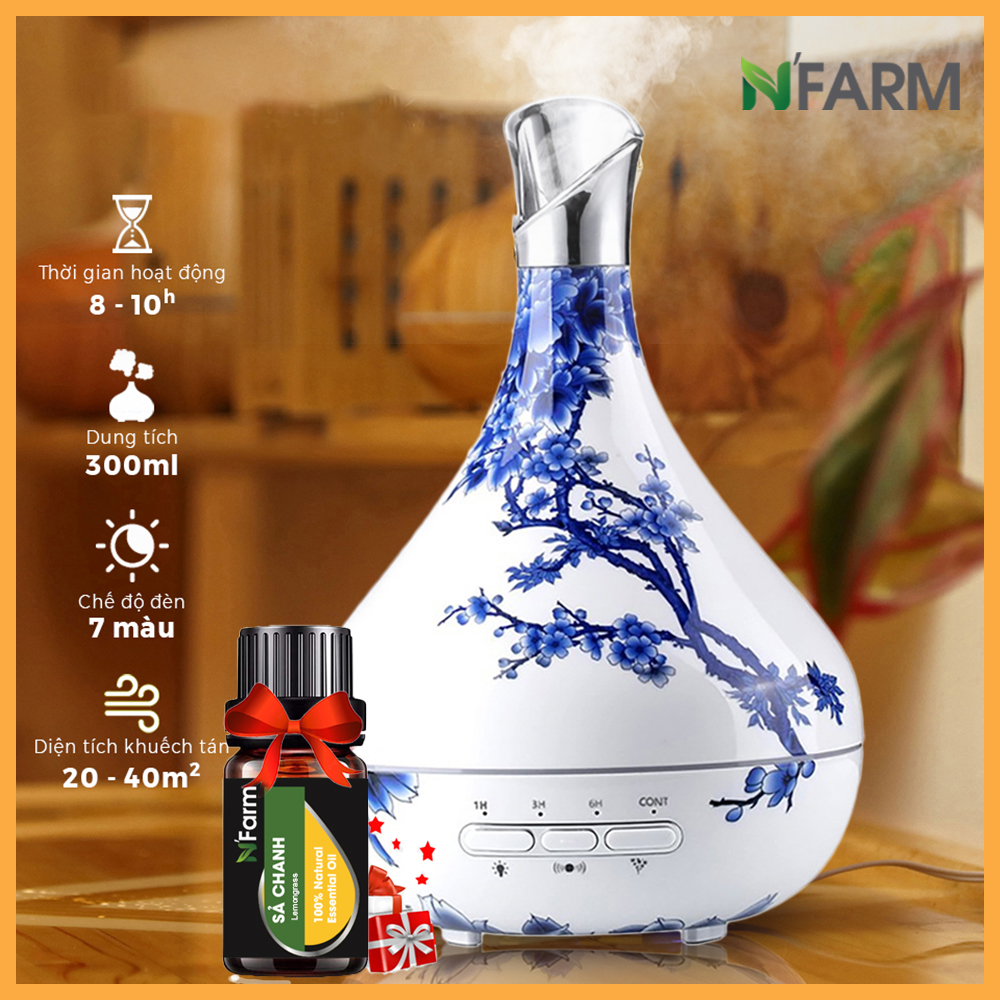 Combo máy khuếch tán, máy xông tinh dầu N'Farm Phú Quý NF2071+ tinh dầu sả chanh N'Farm 10ml. Phun sương sóng siêu âm.