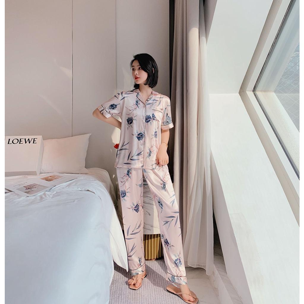 Pijama Nữ - Bộ Ngủ Cộc Dài Vải Lụa Cao Cấp Màu Hồng Nhạt Họa Tiết Lá CDLP07