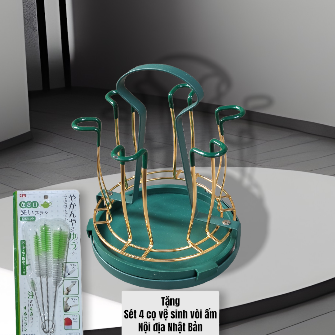 KHAY ÚP LY CỐC KIM LOẠI MÀU VÀNG - XANH CỔ VỊT CÓ ĐĨA HỨNG NƯỚC CAO CẤP -