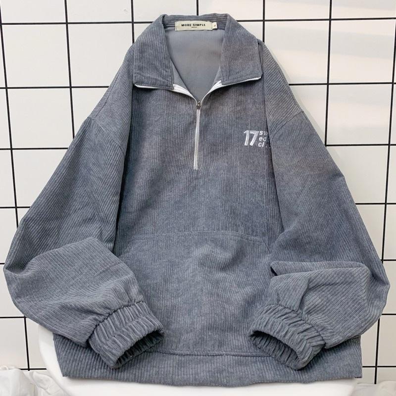Áo Sweater 17MM Phối Zip Vải Nhung Gân Form Rộng Ulzzang Unisex Nam nữ unisex Áo Sweater có cổ Jaystoree