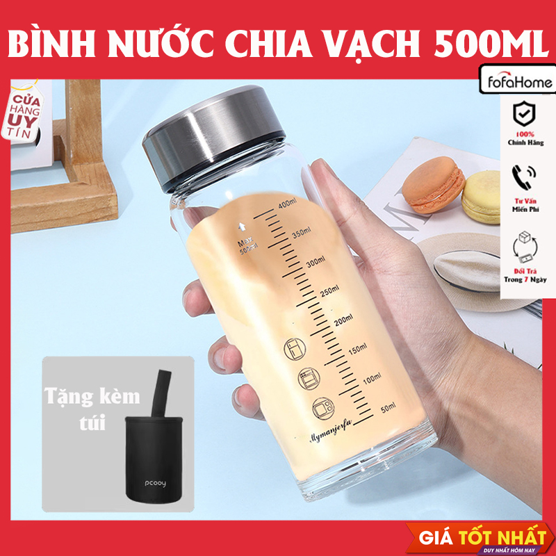 Bình Nước Sữa Thủy Tinh 350ml Nắp Inox Di Động Ăn Sáng Cà Phê Nước Ép Trà Sữa Chia Vạch Tặng Kèm Túi Giao Màu Ngẫu Nhiên