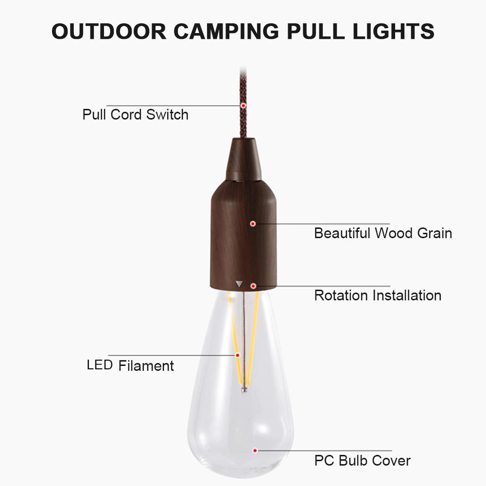 Portable Camping Light Retro LED Pull Cord Lamp Bulb Campsite Decorative Light Tent Pendant Light Waterproof for Outdoor Camping Hiking Fishing Garden Party