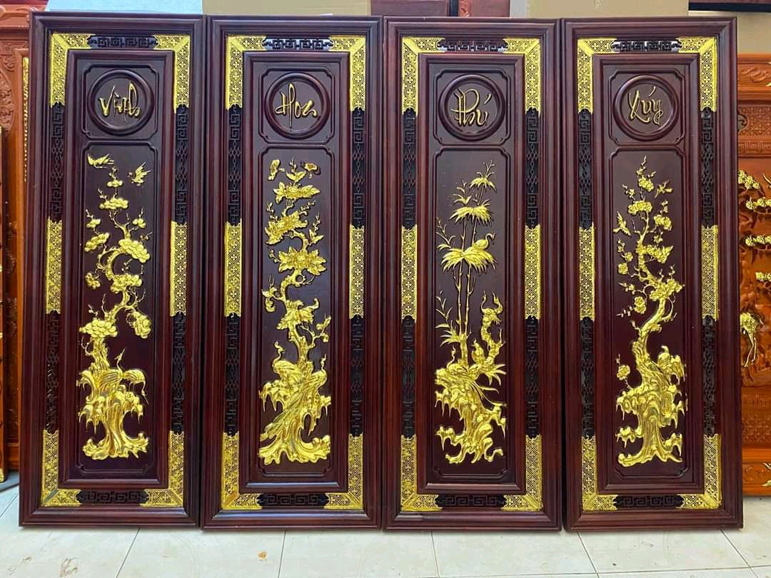 Tranh tứ quý bốn mùa ,xuân ,hạ ,thu, đông ,bằng gỗ hương đỏ kt 37×107×3cm