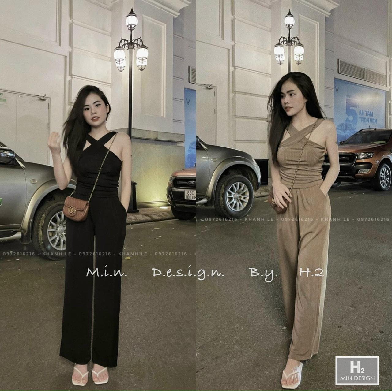 sét đồ nữ áo cổ chéo và quần ống xuông chất mát mẻ và thành lịch - Đen