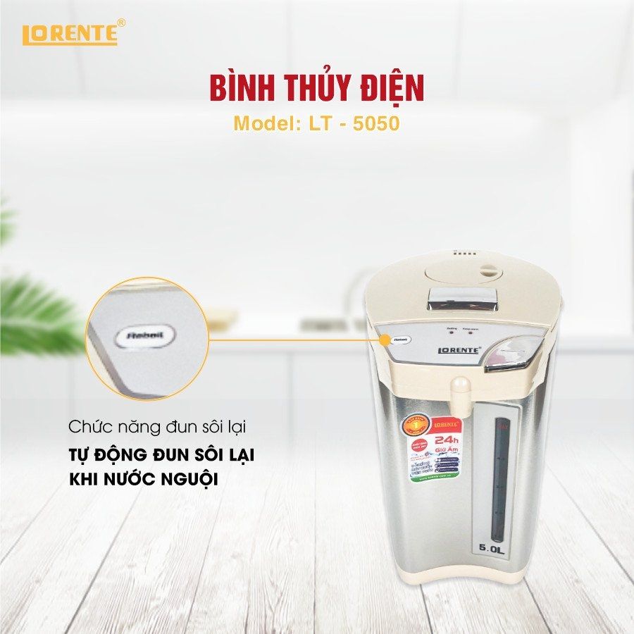 Bình Thủy Điện Lorente LT-5050 750W Phích điện 5L ruột bình bằng inox 304 tự động đun sôi khi nước nguội 3 chế độ rót nước tiện dụng tự động, bơm tay, nút ấn - Hàng Chính Hãng