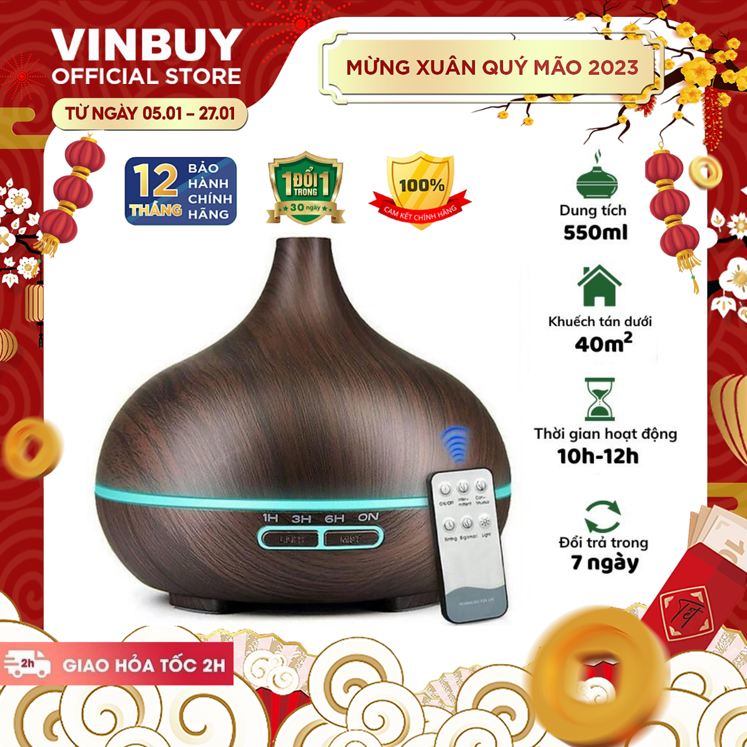 Máy Khuếch Tán Tinh Dầu Cao Cấp Bầu Tiên - Máy Xông Tinh Dầu Siêu Âm 550ml - Tặng Kèm Điều Khiển Từ Xa - Giúp Khuếch Tán Tỏa Hương Thơm Phòng - Hàng Chĩnh Hãng - VinBuy