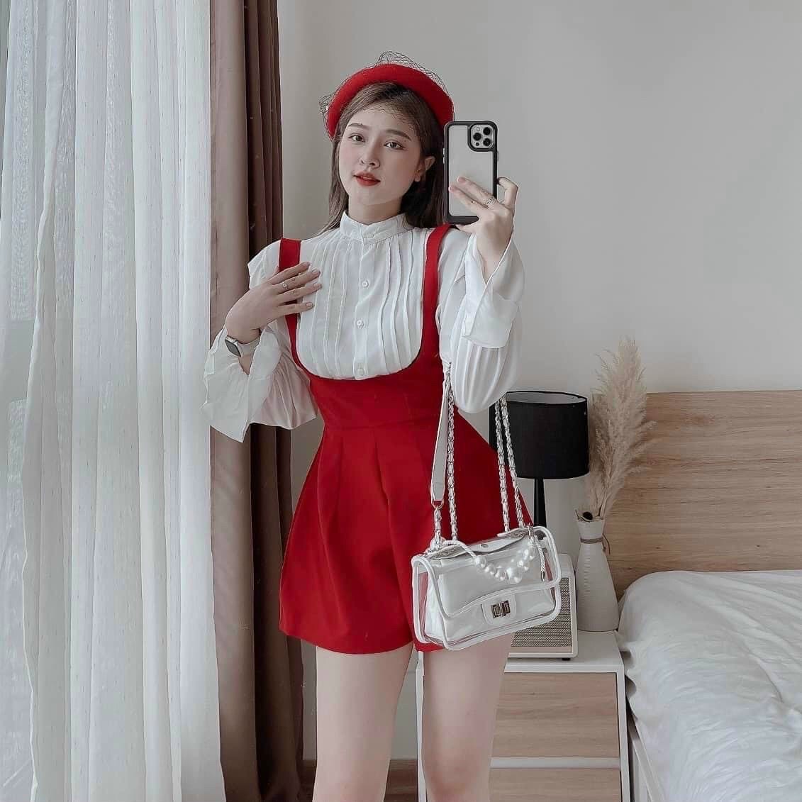 SET ĐẦM YẾM JUMPSUIT ĐỒ BAY NGẮN TRƠN QUẦN ỐNG RỘNG LƯNG CAO + ÁO SƠ MI TAY BỒNG DẠO PHỐ DỰ TIỆC GIÁNG SINH NOEL