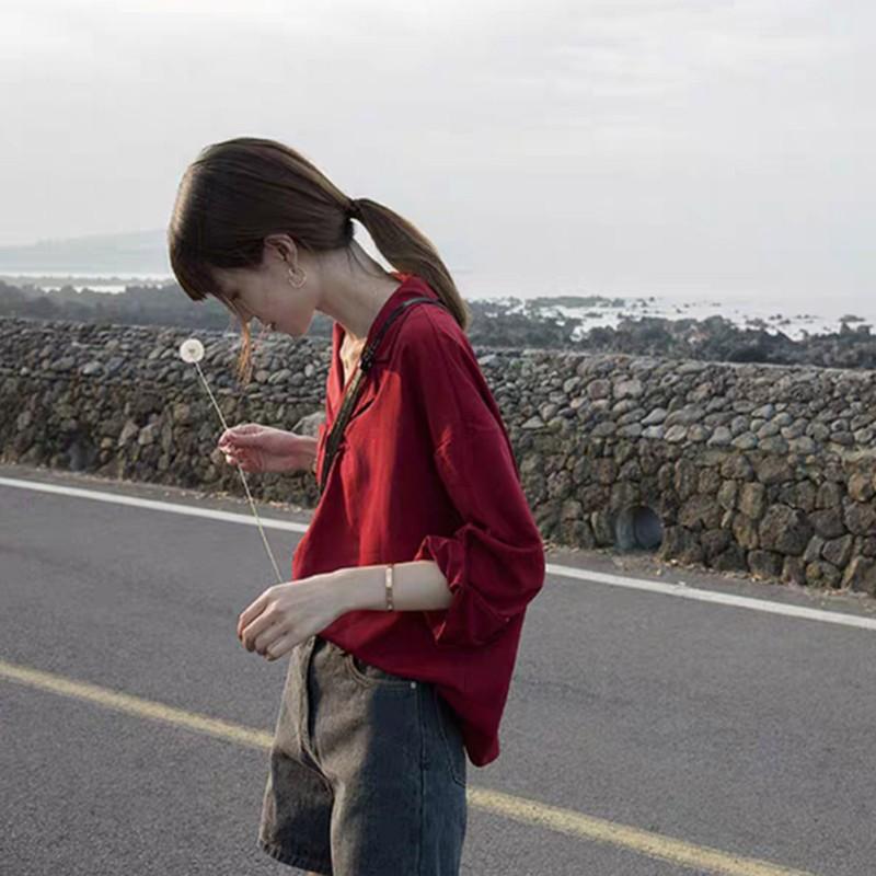 Áo sơ mi chiffon tay dài cổ bẻ hình chữ V màu trơn dành cho nữ