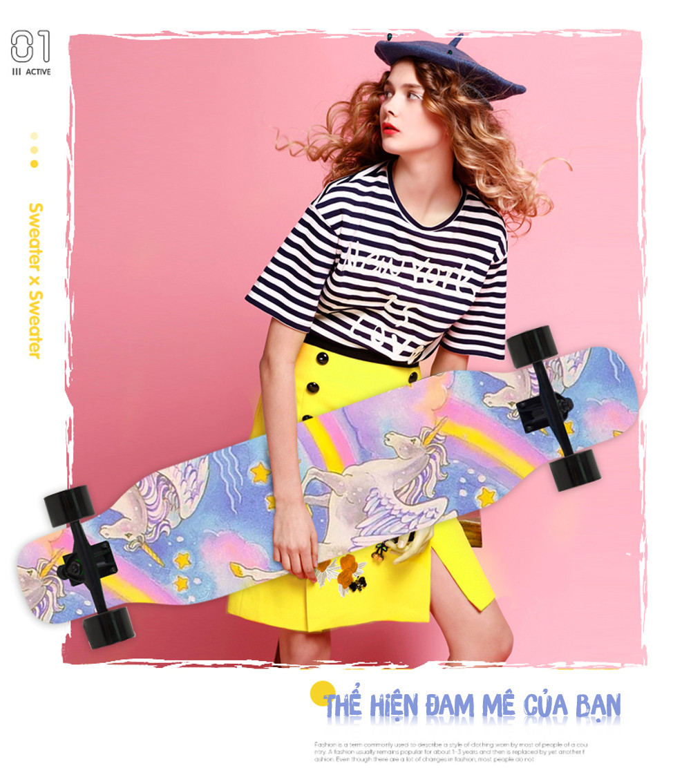 Ván Trượt Thể Thao Sport &amp; Dancing Longboard Skating 107 cm - Ván Trượt Có Nhám Chống Trượt, Ván Trượt Gỗ Chống Nước Cực Tốt Chịu Lực Tốt, Ván trượt Nữ