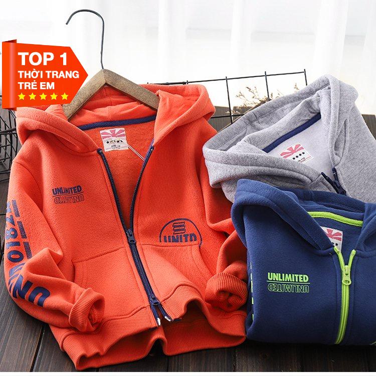 Áo khoác bé trai gái áo nỉ hoodie cho trẻ em từ 6-65KG size đại khóa zip UNLIMITED