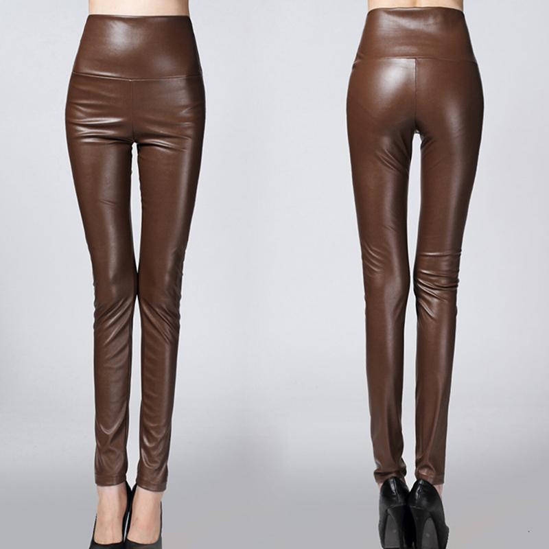 Fashion Women Leggings Skinny Pants PU Leather Elastic High Waist Warm Fleeces Autumn Winter Solid Slim Tights Pencil