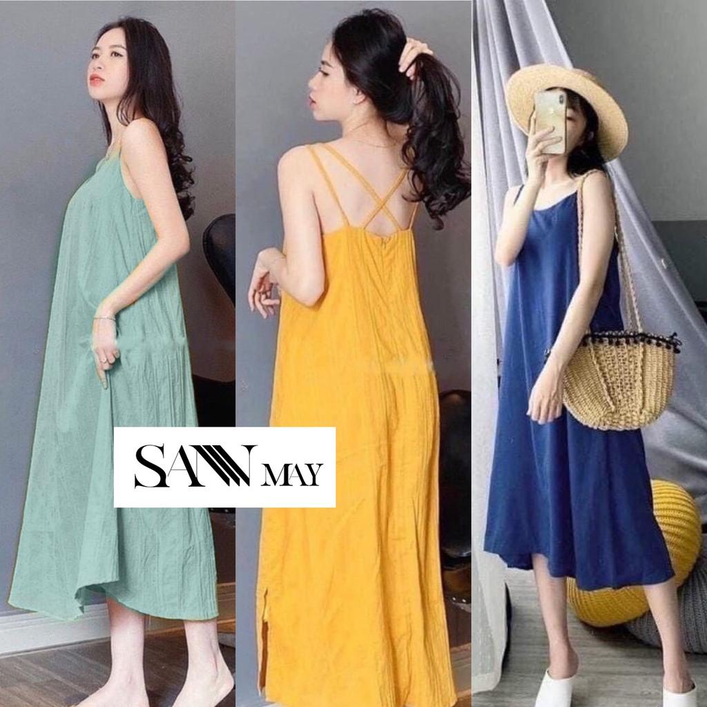 Đầm maxi 2 dây đi biển, váy maxi hai dây hở lưng, thiết kế suông dáng dài, chất liệu lụa linen. màu vàng, xanh VD010