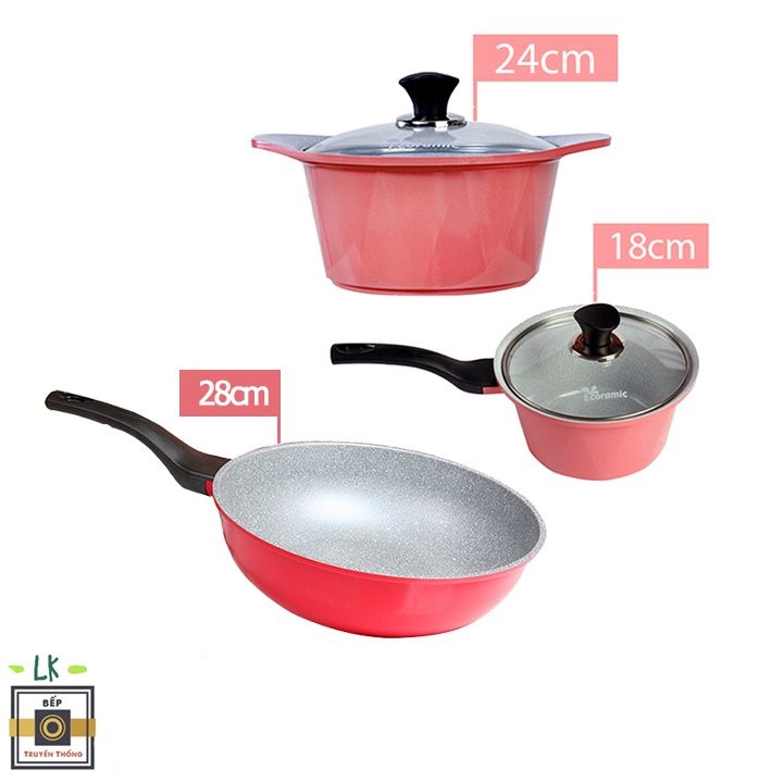 [Chính Hãng Hàn Quốc] Combo 3 món cao cấp, bộ nồi quánh đúc ceramic màu hồng (size 18-24cm) và Chảo đúc chống dính vân đá sâu lòng size 28cm màu đỏ - Hàng chính hãng