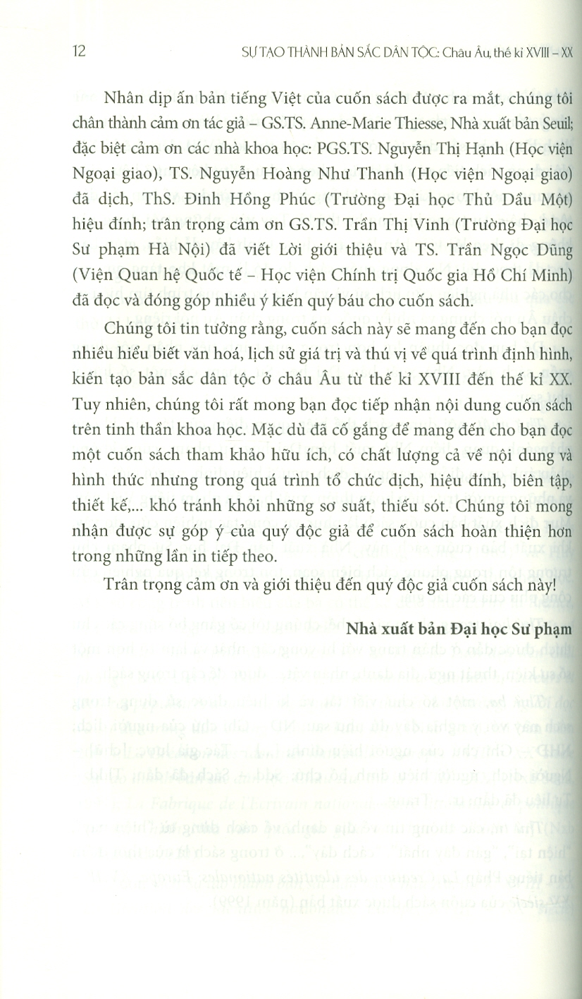 SỰ TẠO THÀNH BẢN SẮC DÂN TỘC - Châu Âu Thế Kỉ XVIII - XX - Anne-Marie Thiesse - Nguyễn Thị Hạnh, Nguyễn Hoàng Như Thanh dịch - NXB Đại học Sư phạm