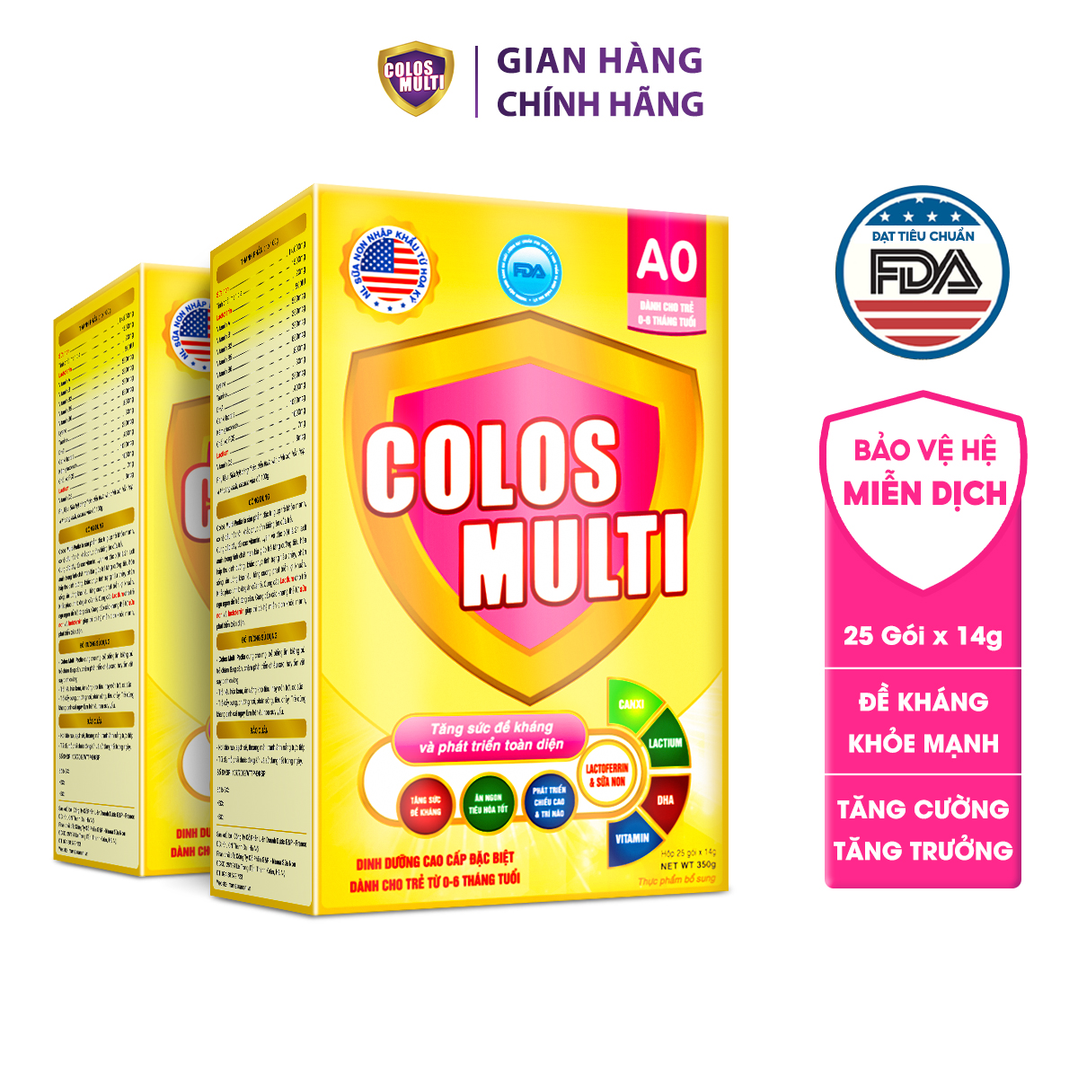 Combo 2 hộp Sữa non Colosmulti A0 hộp 25 gói x 14g hỗ trợ tăng cường sức đề kháng cho trẻ