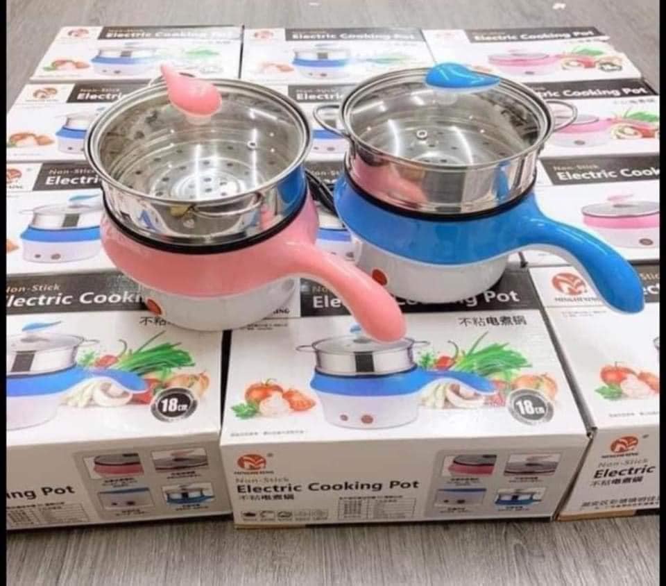 Ca Nấu Mì, Nồi Nấu Lẩu Đa Năng Siêu Tốc Hàng chính hãng/nhập Khẩu Electric Cooking Pot 18cm, Lồng chống dính, khay hấp Inox, Có Tay Cầm Tiện Dụng ( Giao Màu Ngẫu Nhiên )