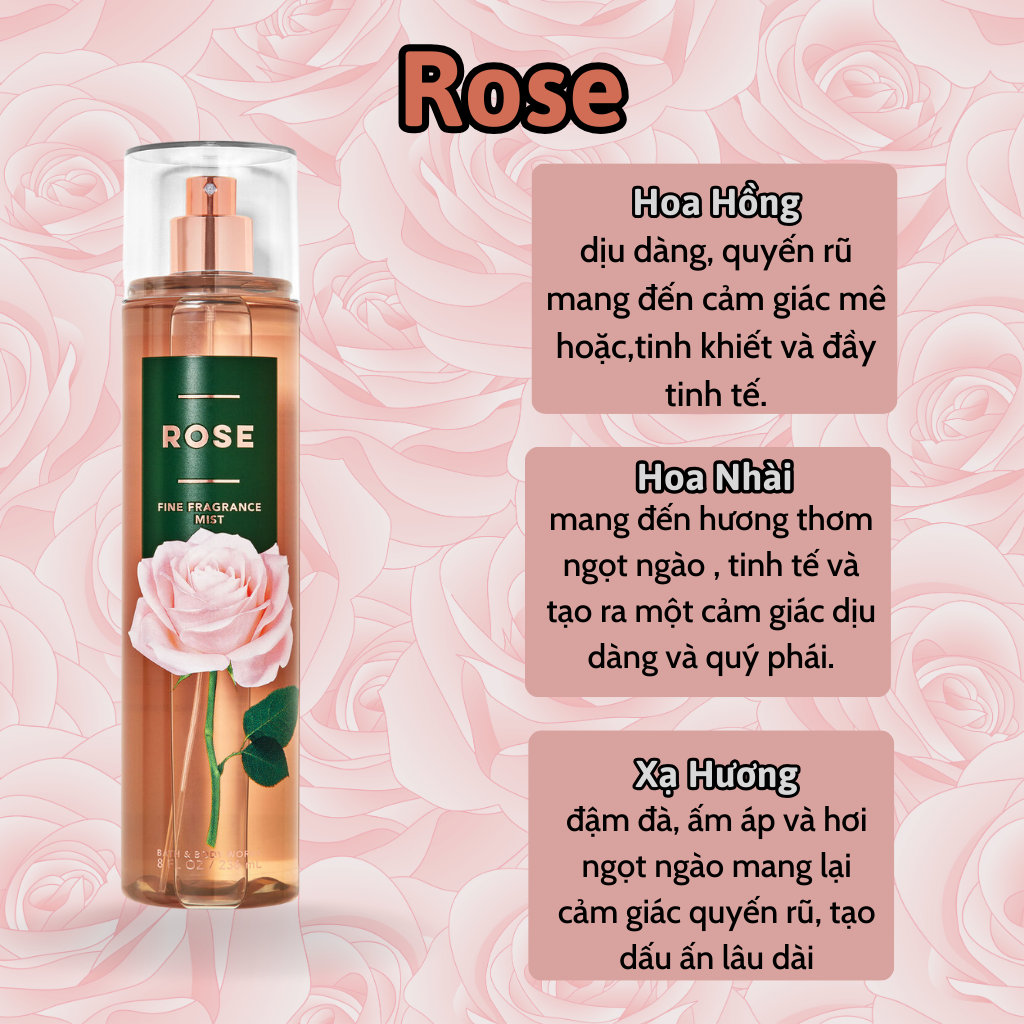 Body Mist Bath And Body Works Nam Nữ Chính Hãng Rose, Xịt Thơm Body Toàn Thân Hương Nước Hoa 236ml