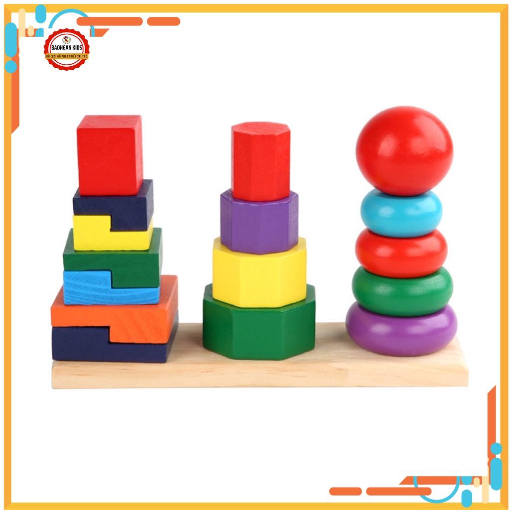 Tháp thả hình khối 3 cọc bằng gỗ montessori đồ chơi thông minh cho bé rèn luyện tư duy trí tuệ