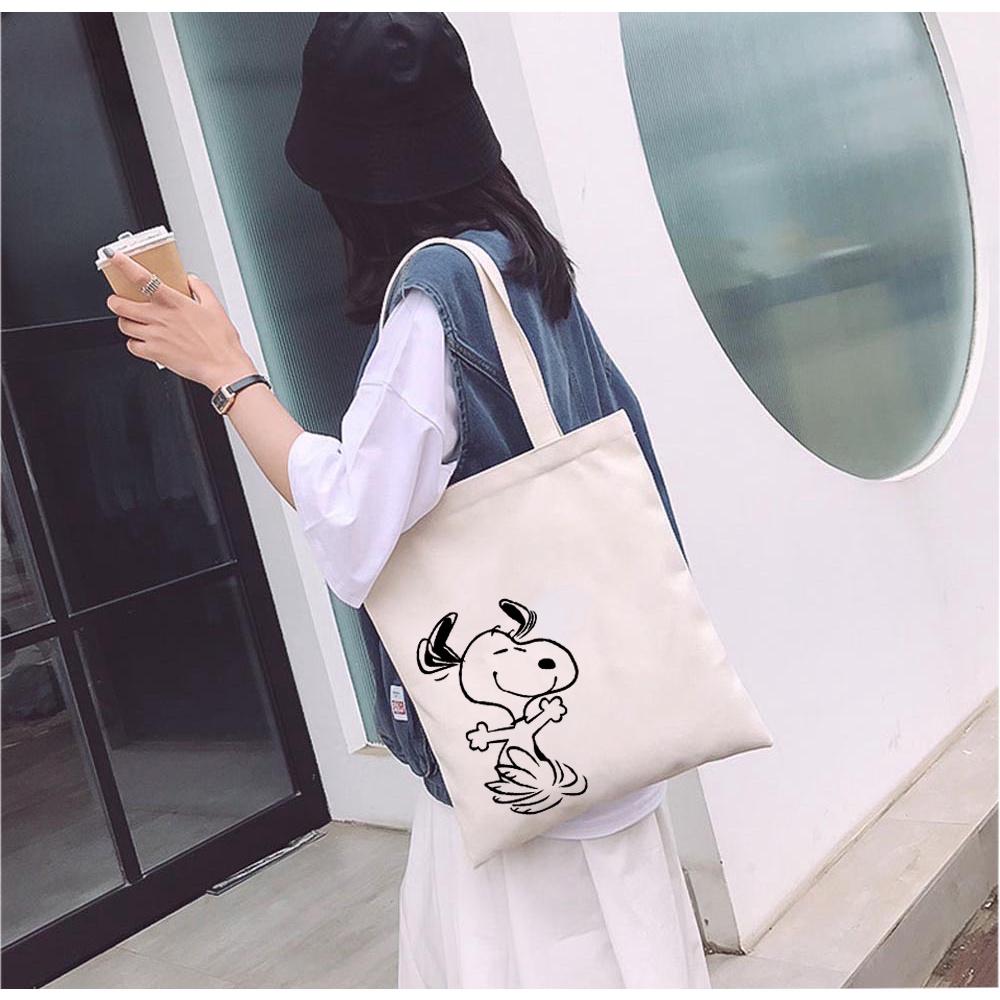 Túi tote vải mộc GINKO basic có dây kéo khóa miệng túi đựng vừa laptop 14 inch và nhiều đồ dùng khác in hình Snoopy and Friends M101