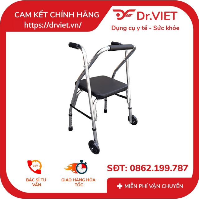 Khung tập đi có ghế ngồi Lucass W-9 dùng cho các bệnh nhân phục hồi chức năng đi lại do tai nạn, tai biến, người già ốm đi không vững