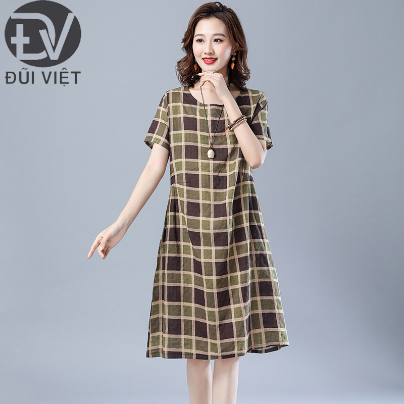 Đầm line nữ dáng suông kẻ màu caro phù hợp mặc đi làm, đi chơi Đũi Việt DV183