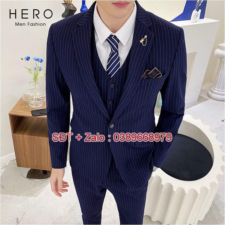 Bộ Vest Nam Cao Cấp màu Xanh than Kẻ sọc, Suit Nam Hàn Quốc Chất Vải Sịn, Quần có tăng chỉnh size