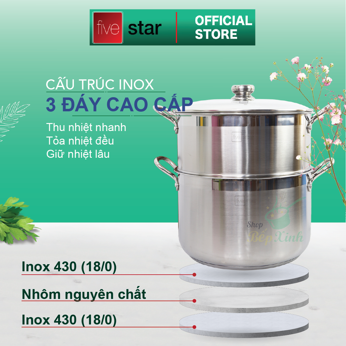 Bộ Nồi Xửng Hấp Từ Nắp Kính Fivestar Tặng 5 Muỗng - Bạc