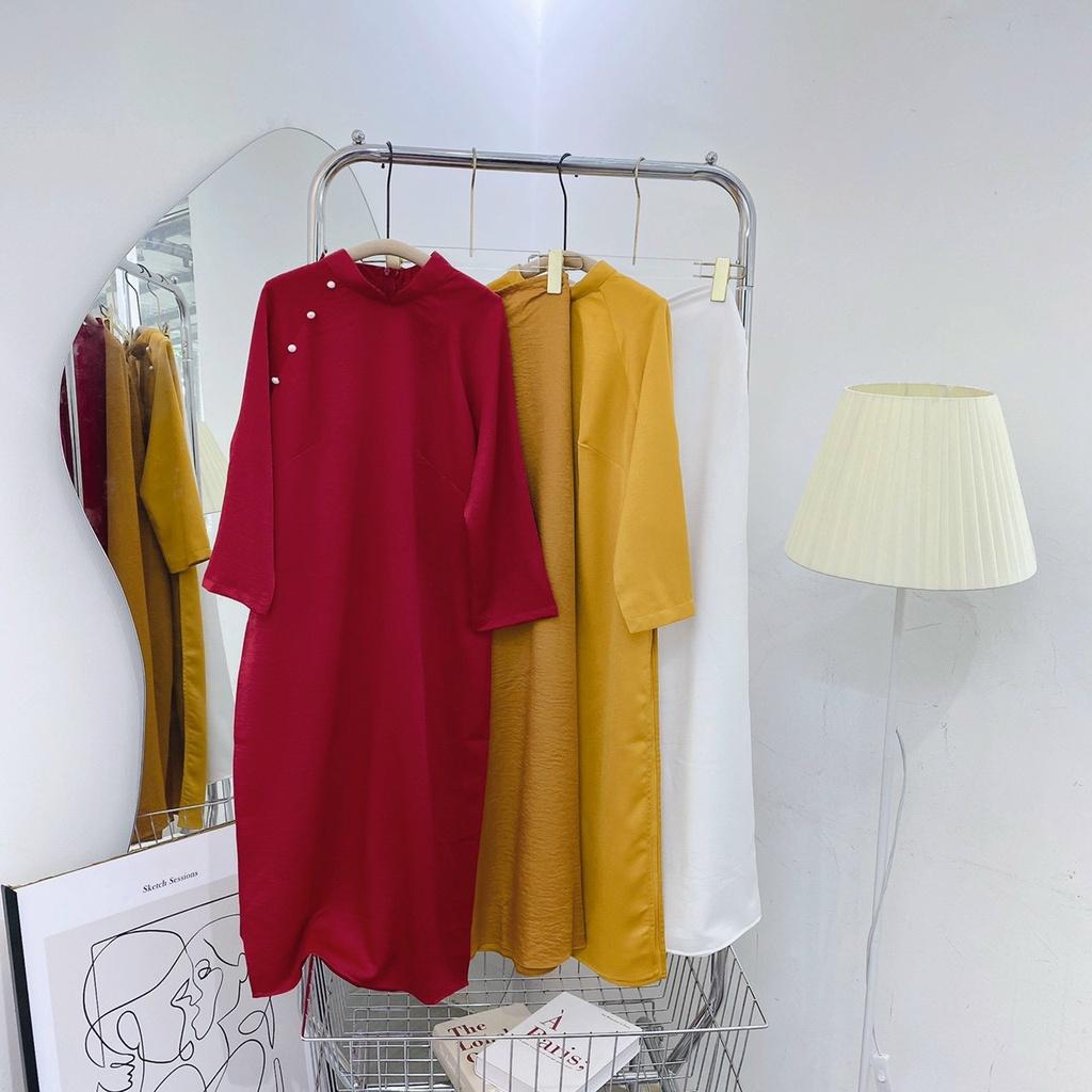 Set áo dài đỏ tay lỡ quần suông đi chùa chúc tết