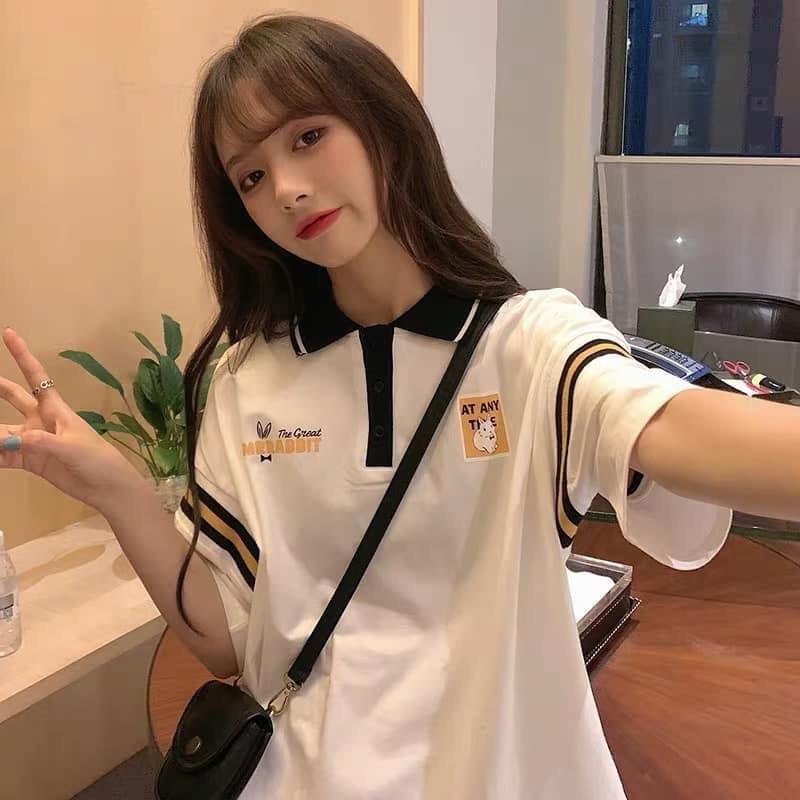 Áo Polo Nữ Rabbit Phối Màu Cộc Tay Cổ Bẻ Dáng Rộng