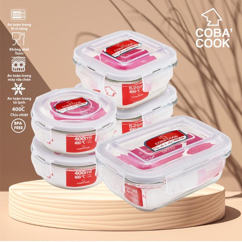 Bộ 5 hộp thủy tinh trữ thực phẩm chịu nhiệt 1 chữ nhật 1041ml 2 vuông 520ml 2 tròn 400ml COBA'COOK-CCL1S5R45