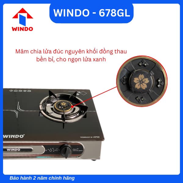 BẾP GAS ĐÔI MẶT KÍNH CAO CẤP WINDO - 678GL- Hàng Chính Hãng