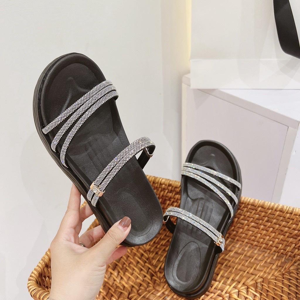 Sandal dây nhũ mảnh vát đi được 2 dáng đế bằng cao - 3P